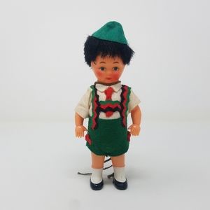 Vintage Celluloid Little Boy Doll Wind Up Back Green Red Black Zig Zag Suspender